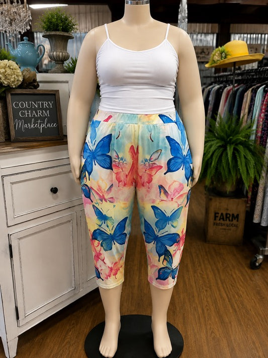 Yellow, Blue, & Coral Capri Leggings