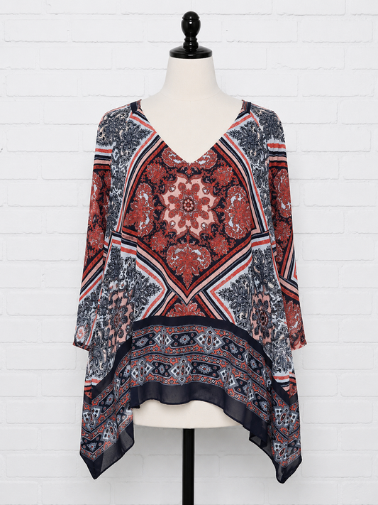 Soulmates Plus Navy Red Print Sheer Lined Top Size 1X