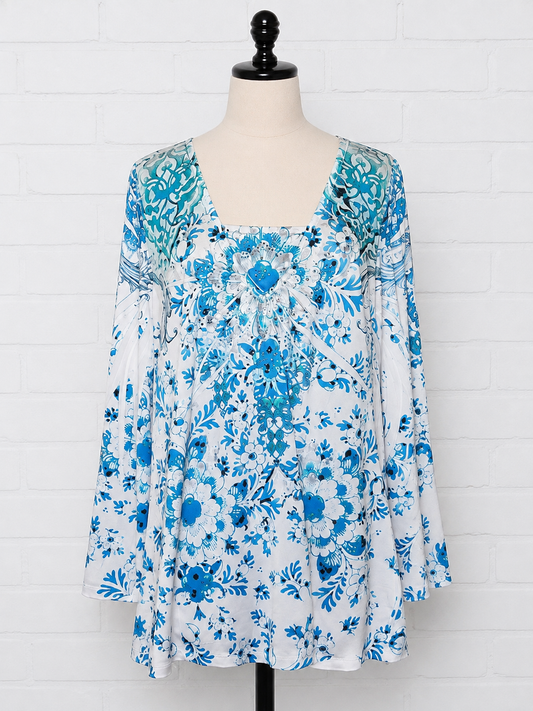 Closet Full White Teal Print Sequin Top Size 2X