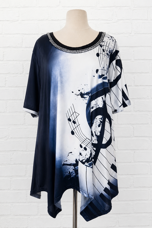Navy Music Note Chain Detail Top Size 2X