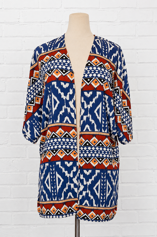 Pink Owl Blue Tribal Print Kimono Size S