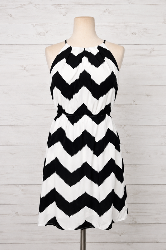 Pink Owl Black White Chevron Halter Dress Size S