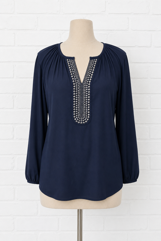Alfani Navy Stud Detail V-Neck Top Size 8