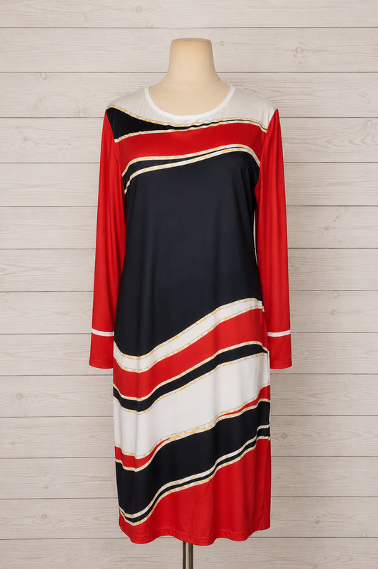 Red Navy Stripe Print Dress Size 2X