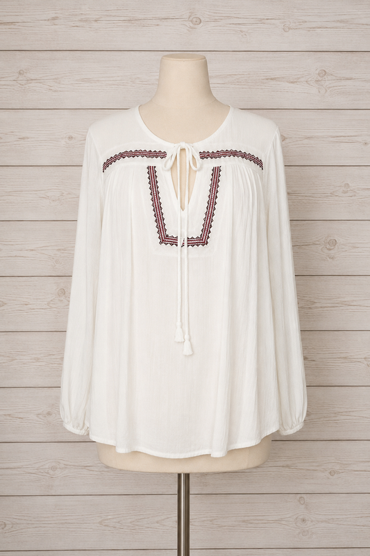 White Boho Long Sleeve Peasant Blouse Size L