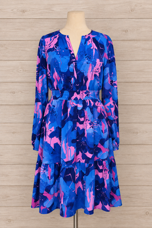 BTFBM Blue Print Elastic Waist Dress Size L NEW!!
