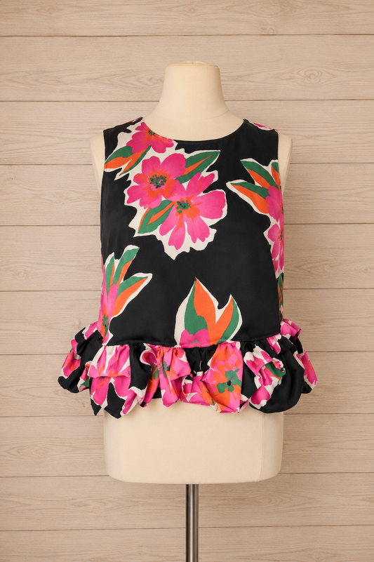 Entro Black Floral Bubble Hem Top Size L