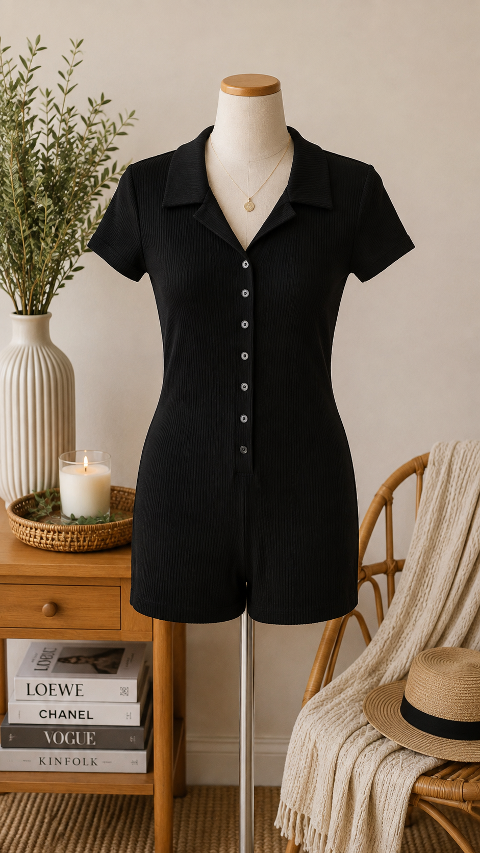Black Ribbed Button Front Romper Size M NEW!!