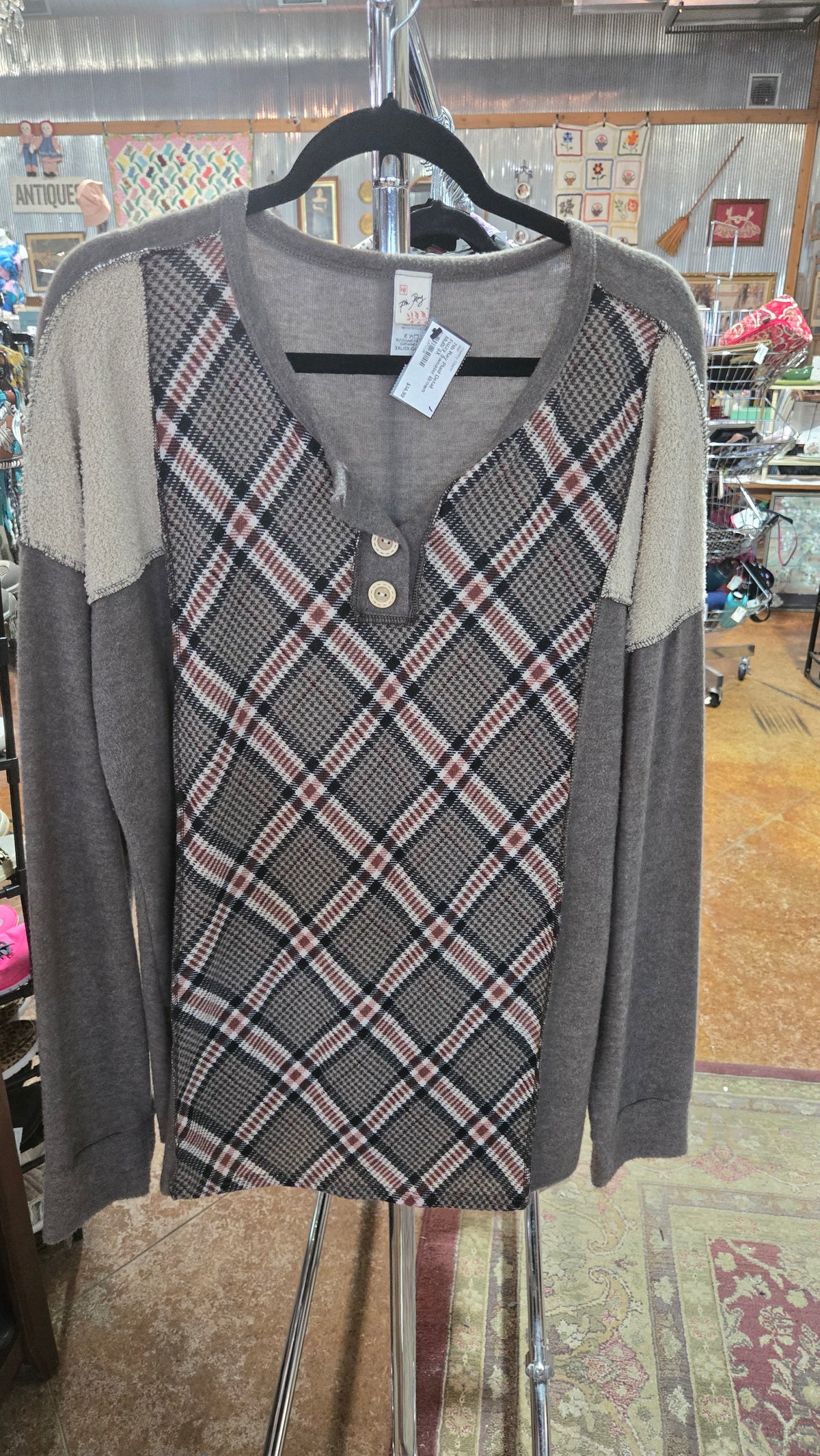 Plaid Detail Fuzzy Sweater