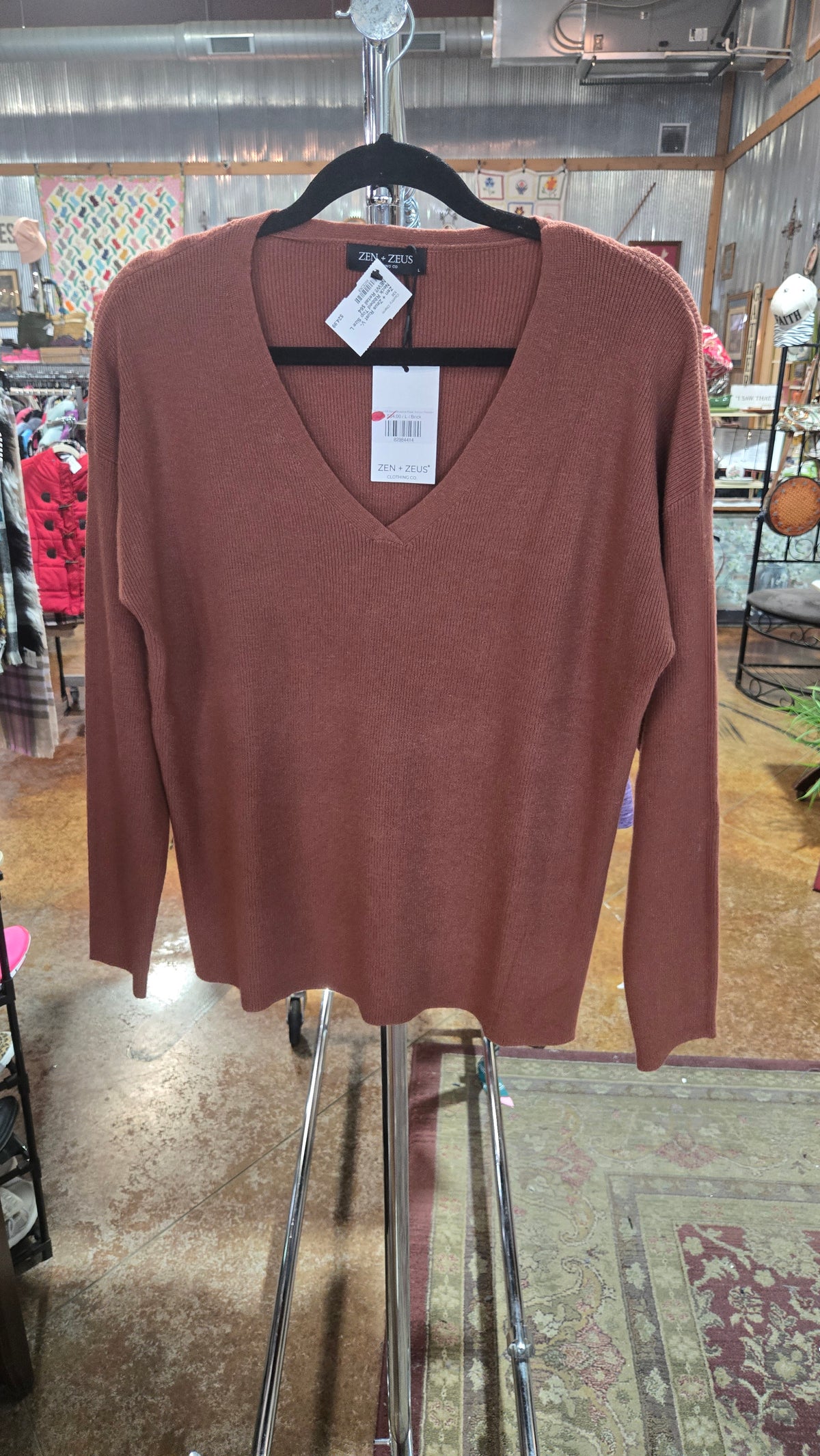 Zen + Zeus Rust V-Neck Ribbed Top Size L NEW!! Retail $64