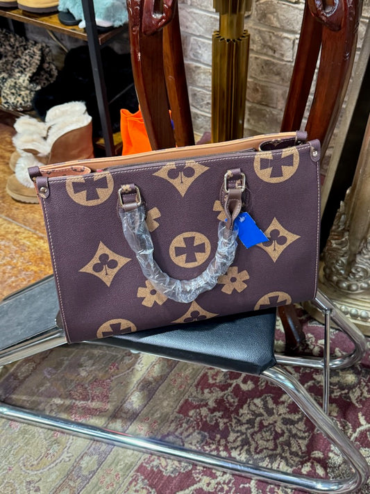 Brown Print Handbag w/Crossbody Strap