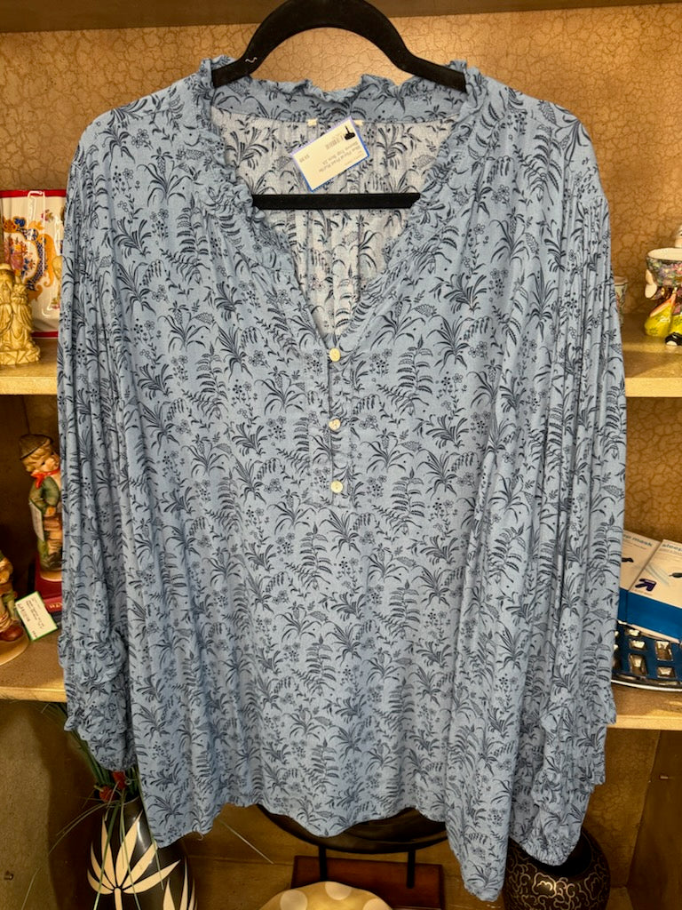 Blue Floral Print Ruffle Sleeve Top Size 3X
