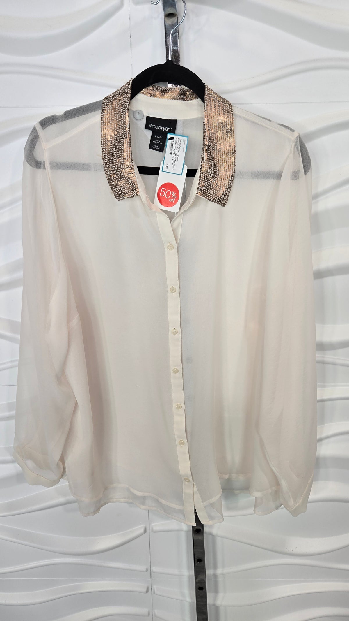 Sheer Button Up Top w/Sequin Collar