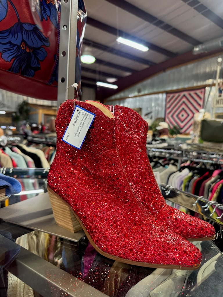 Betsey Johnson Red Rhinestone Boots Size 8.5