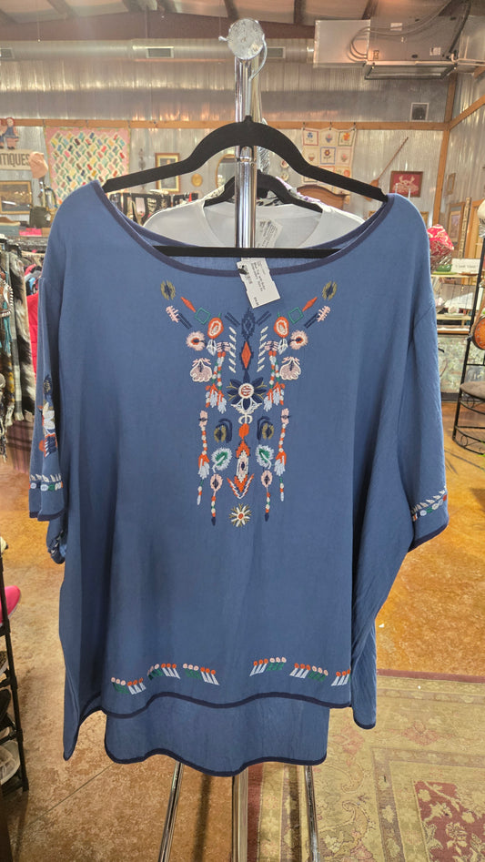 Blue Top with Boho Embroidery