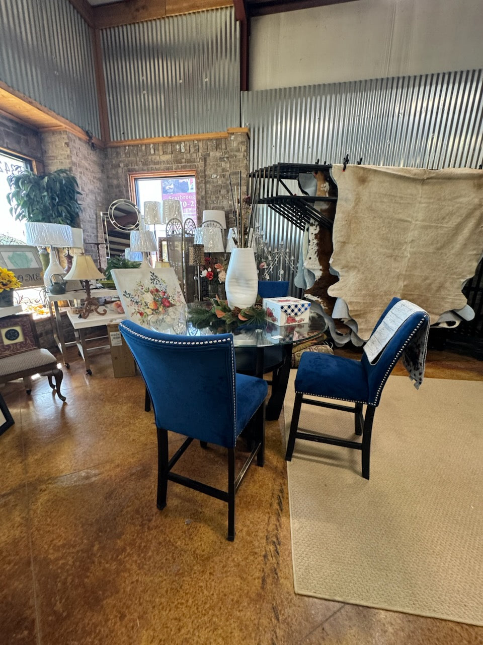 Glasstop Table w/ Four Blue Chairs