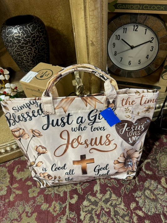 Jesus Loves Me Brown Print Tote Bag