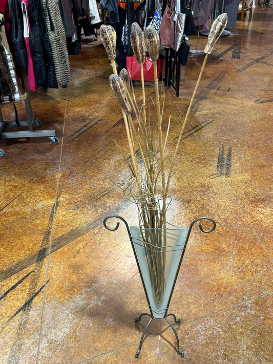Triangular Glass/Metal Floor Vase w/Reed Filler
