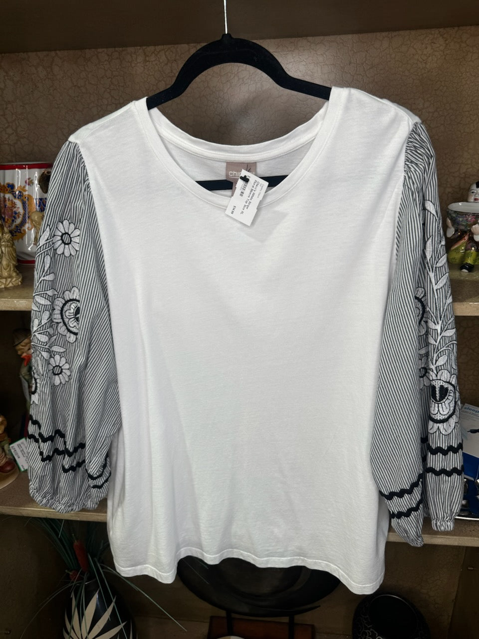 Chico's White Stripe Floral Sleeve Top Size XL