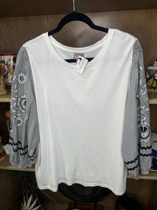 Chico's White Stripe Floral Sleeve Top Size XL