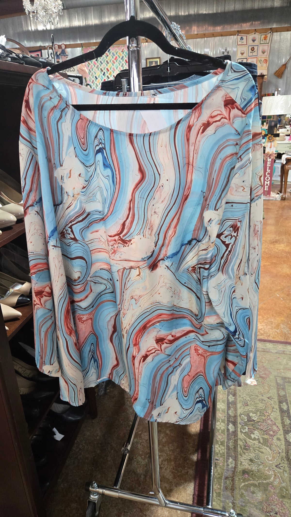 Cream Aqua & Coral Swirled Blouse